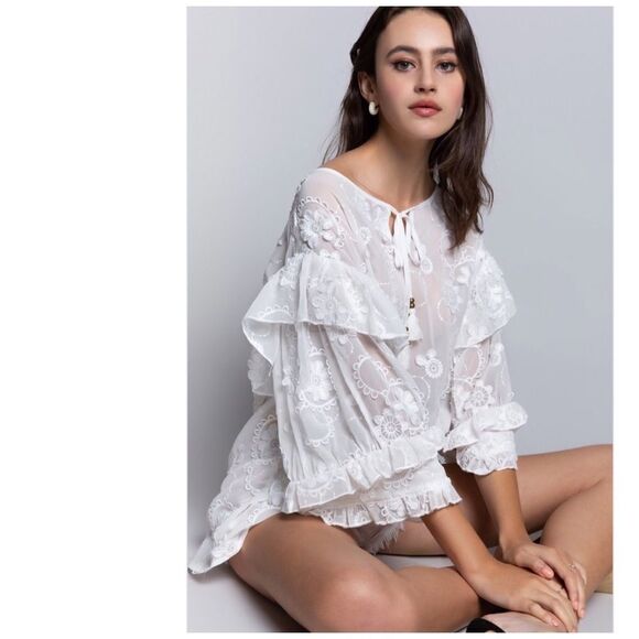 Pol White Boho Embroidered Floral Top with Ruffles - Picture 10 of 16